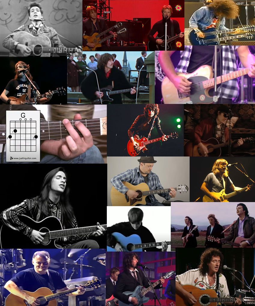 G Chord played by professional guitarists. Bob Dylan, Richie Sambora & Jon Bon Jovi, Slash, Glen Frey, George Harrison, Eddie Vedder, Justin Guitar, Jimmy Page, Izzy Stradlin, Nuno Bettencort, Marty Schwartz, Malcolm Young, Noel Gallagher, Paul McCartney, David Gilmour, Dave Grohl, Brian May